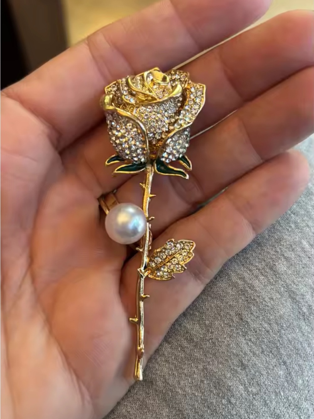 Anthropologie Gold Tone Rose Pin with Crystal Pavé and Pearl